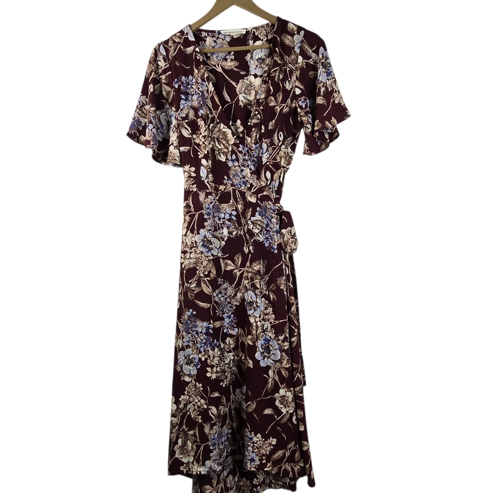 BY TOGETHER Size S Deep Maroon, Bold Floral Wrap Maxi Dress